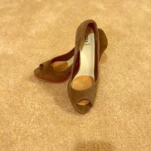 Olive green-suede peep toe heels. Size 6